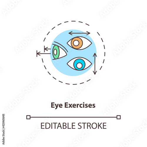 Eye exercises concept icon. Eye diseases treatment methods. Treating defects in eye movements and how it work idea thin line illustration. Vector isolated outline RGB color drawing. Editable stroke