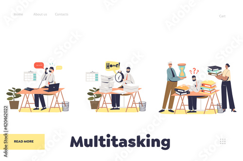 Multitasking business people concept of landing page with office managers busy at workplace