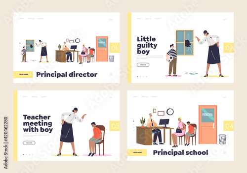 Meeting with teacher and principal in school concept of set of landing pages templates