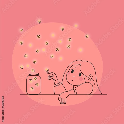 Little girl surrounded by fireflies