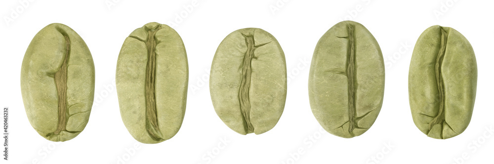 Naklejka premium Set of different green coffee beans isolated on white . 3D illustration