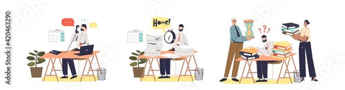 Busy and overworked business people and office workers at workplace set. Workloaded managers