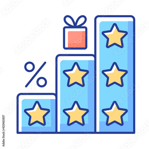 More points and rewards RGB color icon. Tier program. Tiered loyalty program. Purchasing things and getting bonuses. Discounts and savings. Spending money. Isolated vector illustration