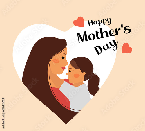 Happy mother's day. Child daughter and mom hug. Mum and girl smiling and hugging. Cute little baby hugging her mother. Vector illustration