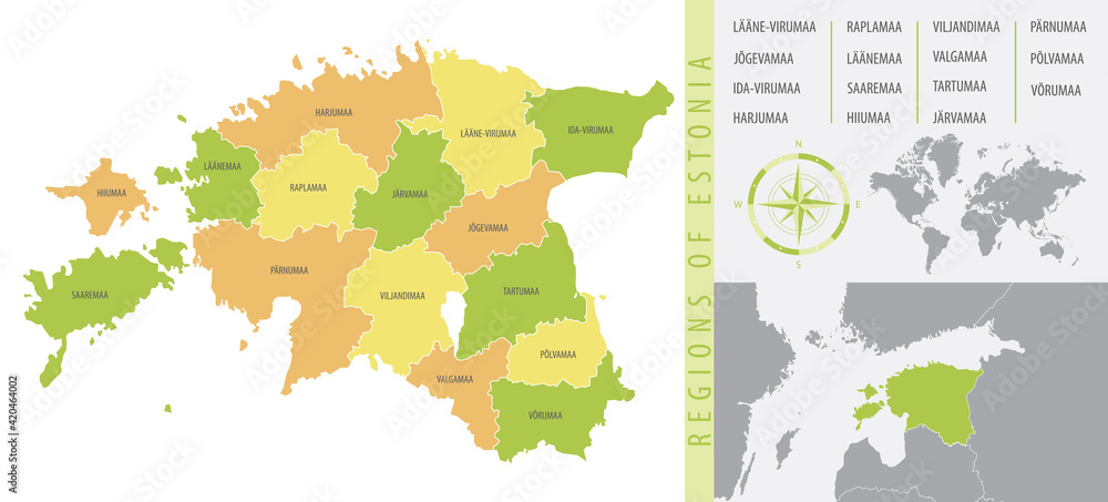 Detailed map of Estonia with administrative divisions of the country, color vector illustration