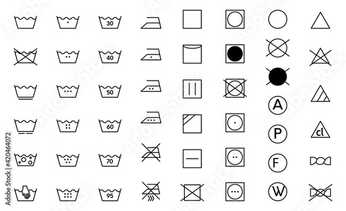 Clothes care icon set. Laundry symbols, black monochrome vector illustration isolated on white.