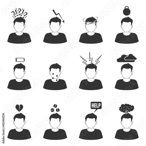 A set of vector icons related to stress and depression