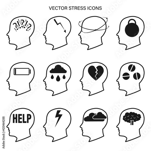 A set of vector icons related to stress and depression