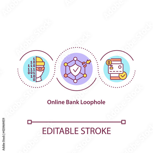 Online bank loophole concept icon. E-banking and internet bank account users idea thin line illustration. Hackers and crackers. Vector isolated outline RGB color drawing. Editable stroke
