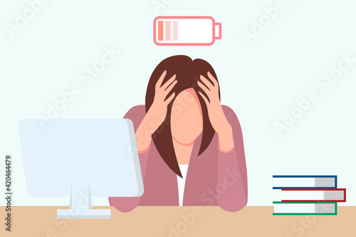 Professional burnout syndrome has plagued a tired woman sitting at her desk, holding her head vector illustrations. The concept of emotional burnout, stress, fatigue, mental health problems.