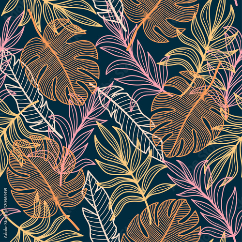 Tropical seamless fashion pattern with bright and colorful plants and leaves on a dark blue background. Modern abstract design for fabric, paper, interior decor. Vector design. Jungle print. 