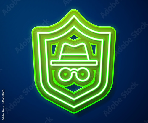 Glowing neon line Incognito mode icon isolated on blue background. Vector