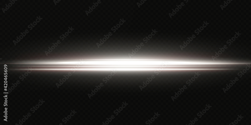 White horizontal lens flares pack. Laser beams, horizontal light rays. Beautiful light flares. Glowing streaks on light background. Collection effect light white line png.	