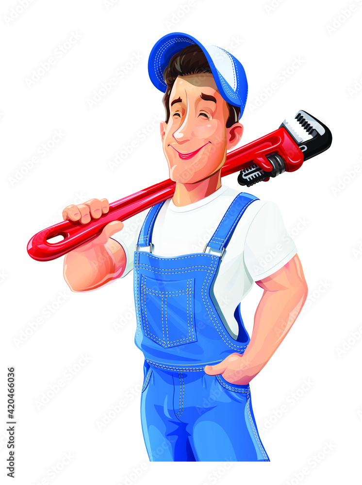 Plumber man with pipe wrench. Work occupation. Pipe repair Service. Cartoon character, Isolated on white background. Eps10 vector illustration. Plumber man with pipe wrench. Work occupation. Pipe repair Service. Cartoon character, Isolated on white background. Eps10 vector illustration.