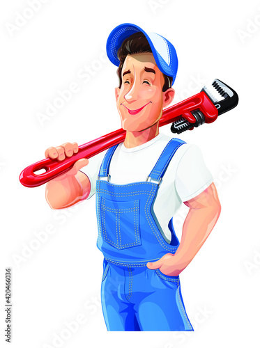 Plumber man with pipe wrench. Work occupation. Pipe repair Service. Cartoon character, Isolated on white background. Eps10 vector illustration.