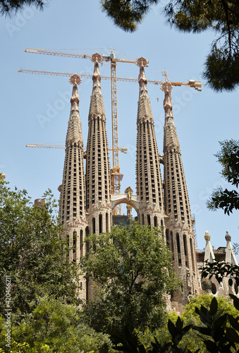 Sagrada Familia in 2009. Barcelona. Spain. Construction cranes on the horizon.