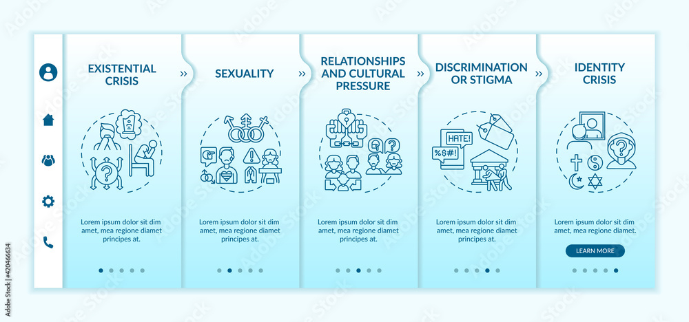 Religious issues onboarding vector template. Existential crisis. Sexual orientation. Discrimination, stigma. Responsive mobile website with icons. Webpage walkthrough step screens. RGB color concept