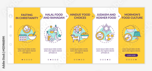 Food restrictions in religion onboarding vector template. Mormon culture. Halal food and ramadan. Responsive mobile website with icons. Webpage walkthrough step screens. RGB color concept