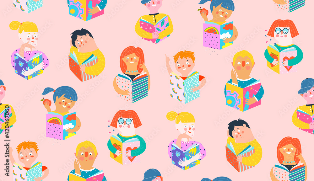 People or kids reading studying books and thinking, colorful collage or paper cut style seamless pattern. Lifestyle reading hobby seamless background, modern simple vector design. People or kids reading studying books and thinking, colorful collage or paper cut style seamless pattern. Lifestyle reading hobby seamless background, modern simple vector design.