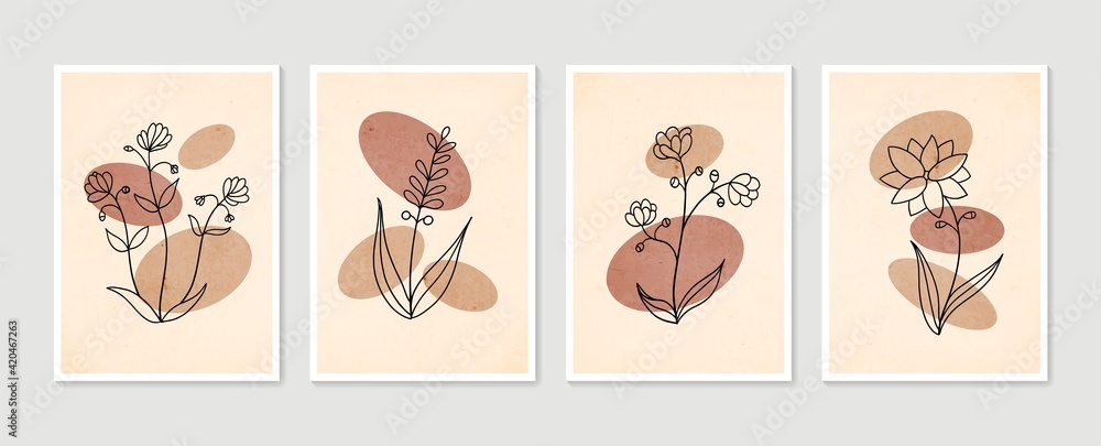 Botanical wall art vector set. Minimal and natural wall art. Boho foliage line art drawing with abstract shape. Abstract Plant Art design for print, wallpaper, cover. Modern vector illustration.