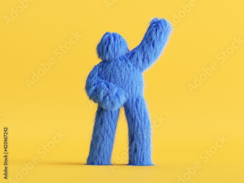 3d render, blue furry cartoon character, shaggy halloween monster, hairy beast. Unknown funny toy isolated on yellow background