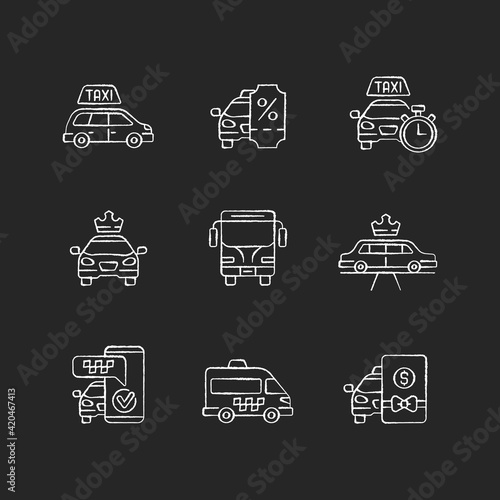 City transport chalk white icons set on black background. Modern taxi service. Luxury car rental. Minivan taxis. Charters bus transportation. Isolated vector chalkboard illustrations