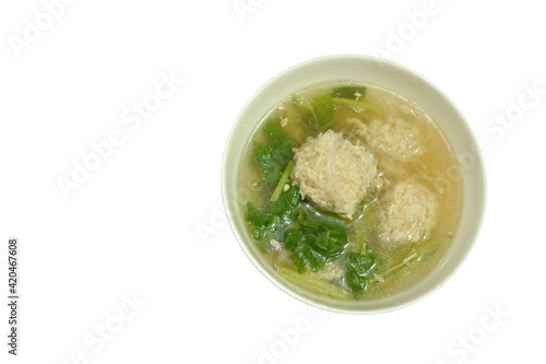 boiled chop pork stuffed glass noodles with slice celery soup on bowl 