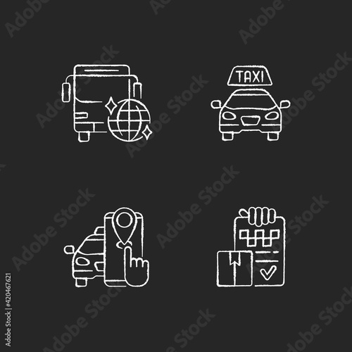 Taxi services chalk white icons set on black background. Easy movement around the city. Convenient transportation. Party bus. Taxi tracker. Isolated vector chalkboard illustrations