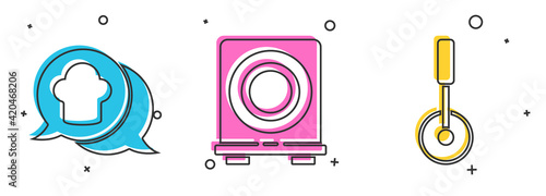 Set Chef hat in speech bubble, Electric stove and Pizza knife icon. Vector