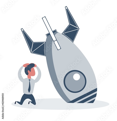 Businessman and rocket crashed. Business failure, the rocket fall down.