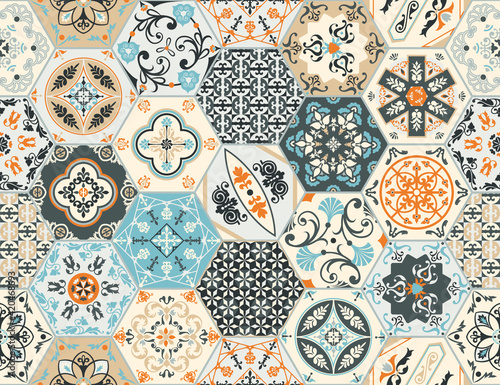 Talavera pattern. Indian patchwork, Turkish ornament. Moroccan mosaic. Ceramic dishes, folk print. Spanish pottery. Antique Moroccan, Portuguese hexagonal tiles. Mediterranean seamless vector.
