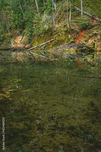 Mirror cliffs and cave surrounded by beautiful forest in Cirulisi nature trails near Cesis  Latvia