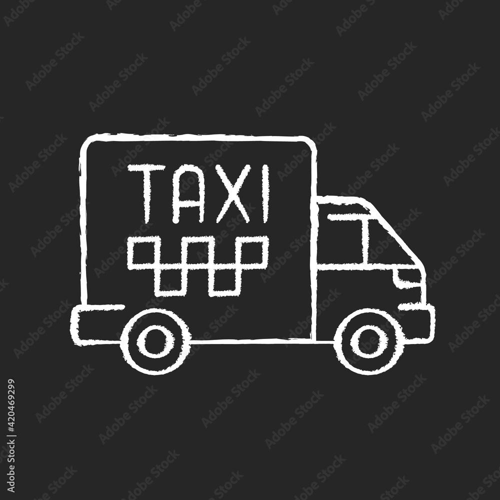 Cargo taxi chalk white icon on black background. Freight transportation. Reliable transportation service. Shipping industry. Reliable carrier. Isolated vector chalkboard illustration Cargo taxi chalk white icon on black background. Freight transportation. Reliable transportation service. Shipping industry. Reliable carrier. Isolated vector chalkboard illustration