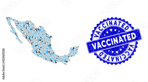 Mexico mosaic map organized with syringe items, and Vaccinated grunge seal. Vector syringe randomized flat items are united into conceptual map of Mexico. Vaccinated grunge blue rosette seal stamp.