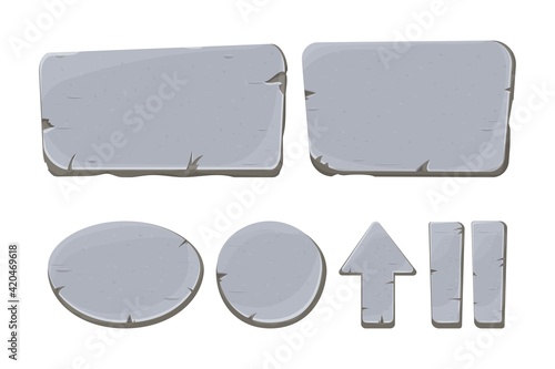 Stone buttons collection, set of rock assets in cartoon style isolated on white background. Mineral detailed objects ui game interface, app pannel.