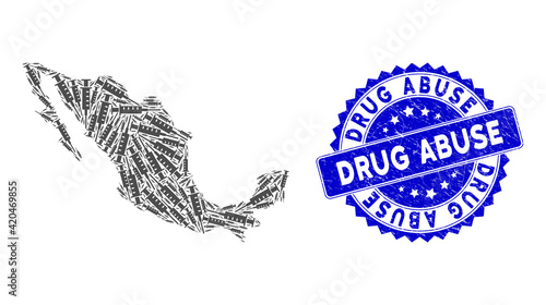 Mexican mosaic map created of syringe items, and Drug Abuse distress seal stamp. Vector syringe randomized flat pictograms are organized into mosaic map of Mexico country.