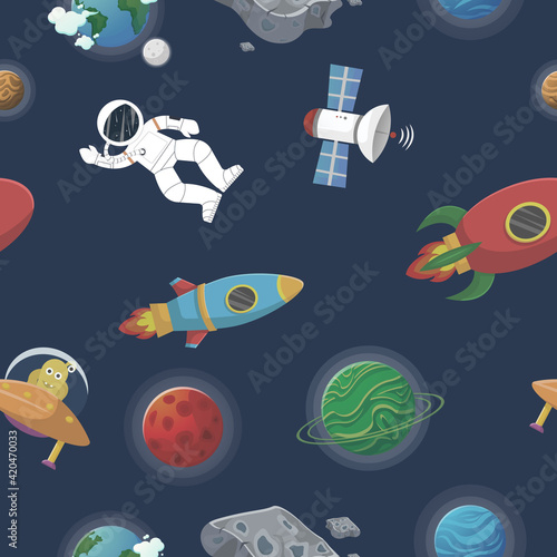 Space pattern with planets and stars. Astronaut © Begin Again