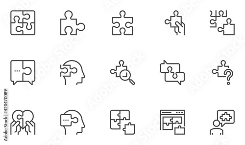 Set of Vector Line Icons Related to Puzzle. Puzzle Pieces, Conundrum, Mental Technique, Thinking Man. Editable Stroke. 48x48 Pixel Perfect.