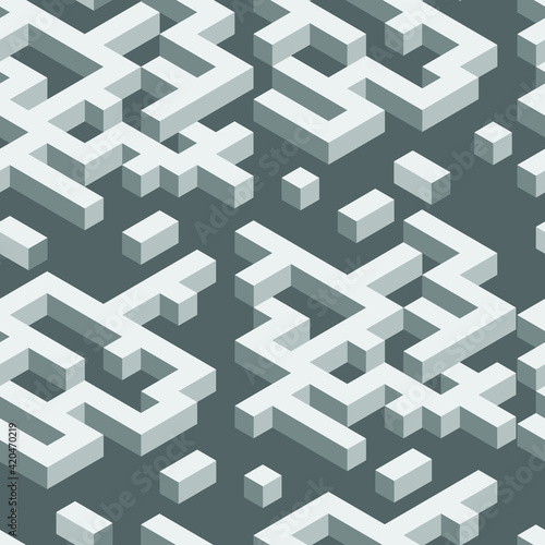 Labyrinth. Isometric seamless pattern in gray colors
