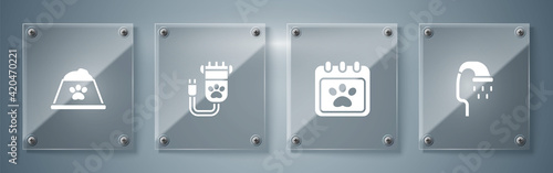 Set Pet shower, Calendar grooming, Hair clipper pet and food bowl. Square glass panels. Vector