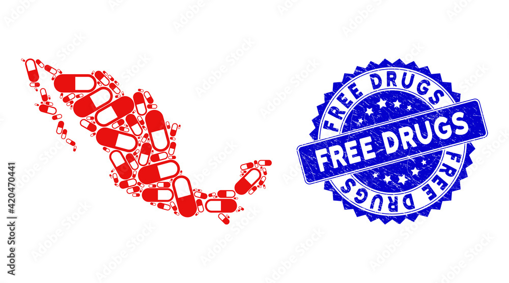 Mexico mosaic map constructed of medication granule icons, and Free Drugs textured watermark. Vector medication granule scattered flat design elements are united into conceptual map of Mexico. Mexico mosaic map constructed of medication granule icons, and Free Drugs textured watermark. Vector medication granule scattered flat design elements are united into conceptual map of Mexico.