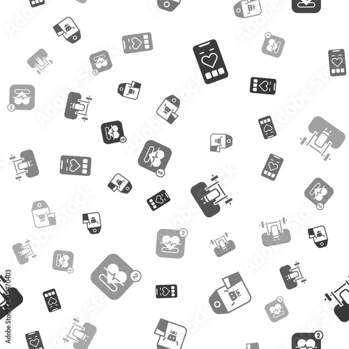 Set Mobile with heart rate, Paper package for milk, Bench barbel and on seamless pattern. Vector