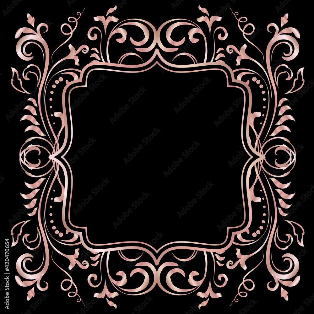 Rose golden shiny glowing ornate frame isolated over black