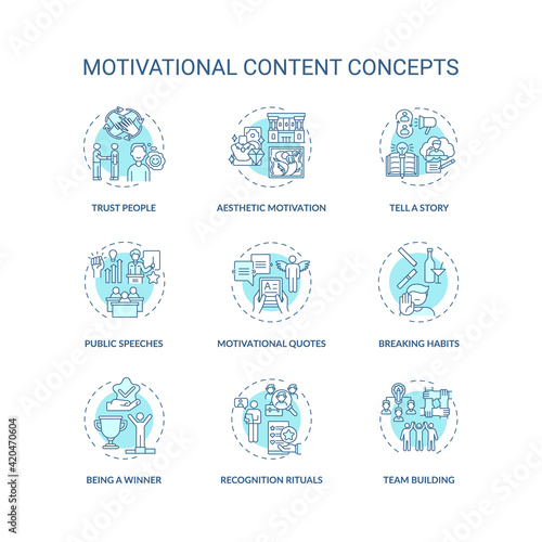 Motivational content concept icons set. Making people feel inspirational idea thin line RGB color illustrations. Achieving goals and willingness. Vector isolated outline drawings. Editable stroke
