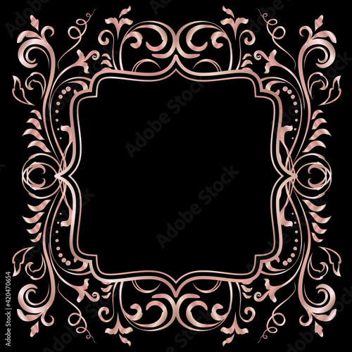 Rose golden shiny glowing ornate frame isolated over black