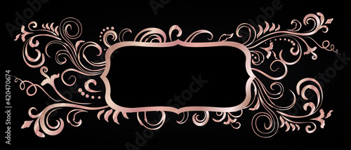 Rose golden shiny glowing ornate frame isolated over black