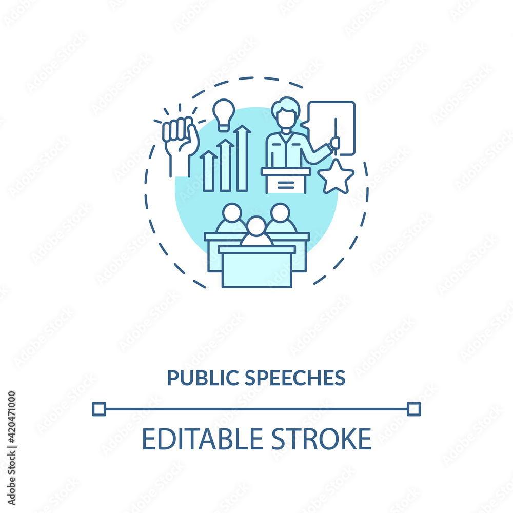 Public speeches concept icon. Coaching and motivation idea thin line illustration. Inspirational information for visitors of webinars. Vector isolated outline RGB color drawing. Editable stroke