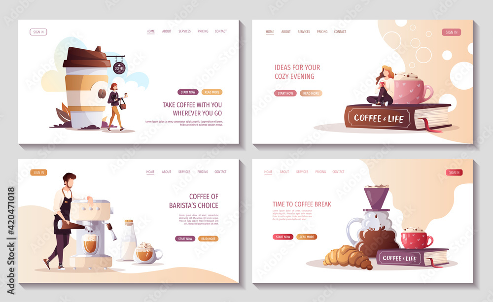 Set of web pages for Coffee shop, break, cafe-bar, restaurant. Barista with coffee machine. Woman with coffee in paper cup. Woman drinking coffee. Vector illustration for poster, banner, website. Set of web pages for Coffee shop, break, cafe-bar, restaurant. Barista with coffee machine. Woman with coffee in paper cup. Woman drinking coffee. Vector illustration for poster, banner, website.
