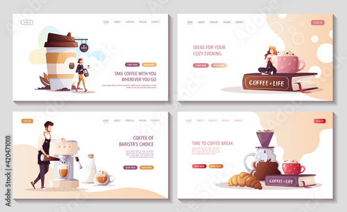 Set of web pages for Coffee shop, break, cafe-bar, restaurant. Barista with coffee machine. Woman with coffee in paper cup. Woman drinking coffee. Vector illustration for poster, banner, website.