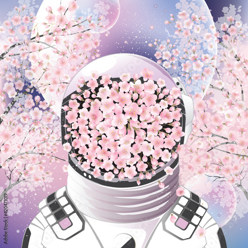 Vector illustration of the astronaut with cherry floral decoration on the face on a background of planets and cherry trees. Design for picture frame, poster, brochure and science fiction